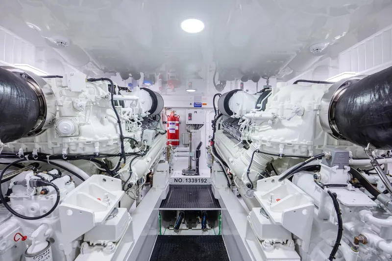 La Barca Yacht Photos Pics Engine room of 2024 Viking 68 Convertible yacht, featuring dual powerful engines.