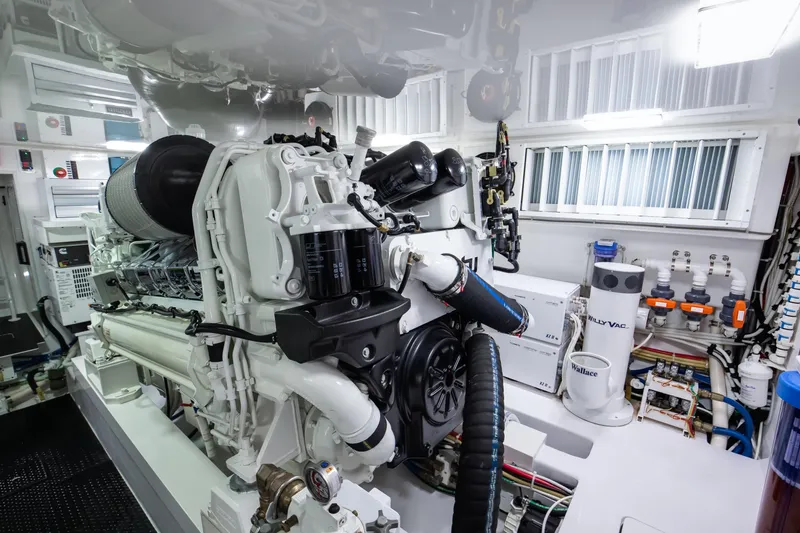 La Barca Yacht Photos Pics Engine room of 2024 Viking 68 Convertible yacht, showcasing advanced machinery and equipment.