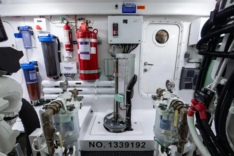 La Barca Yacht Photos Pics Engine room of 2024 Viking 68 Convertible yacht, featuring advanced equipment and safety systems.