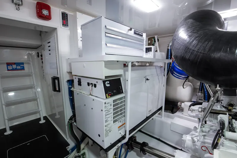 La Barca Yacht Photos Pics Engine room of 2024 Viking 68 Convertible yacht with modern equipment and tools.