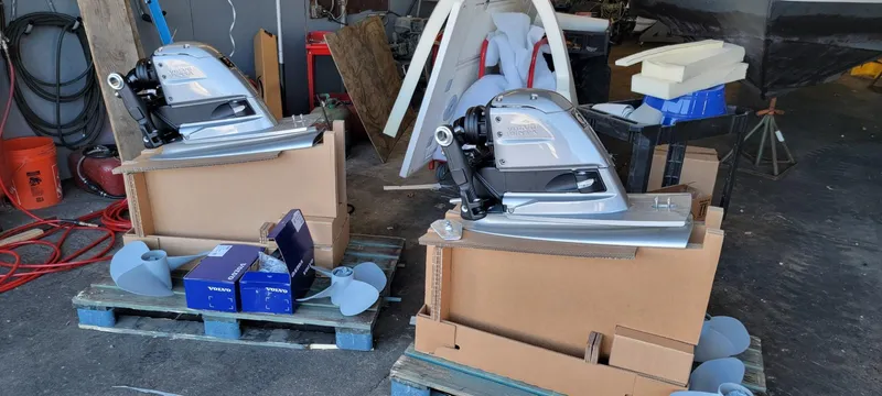 Mambo Italiano Yacht Photos Pics New Volvo Penta engines for 2015 Beneteau 38 Gran Tourismo in a workshop setting.