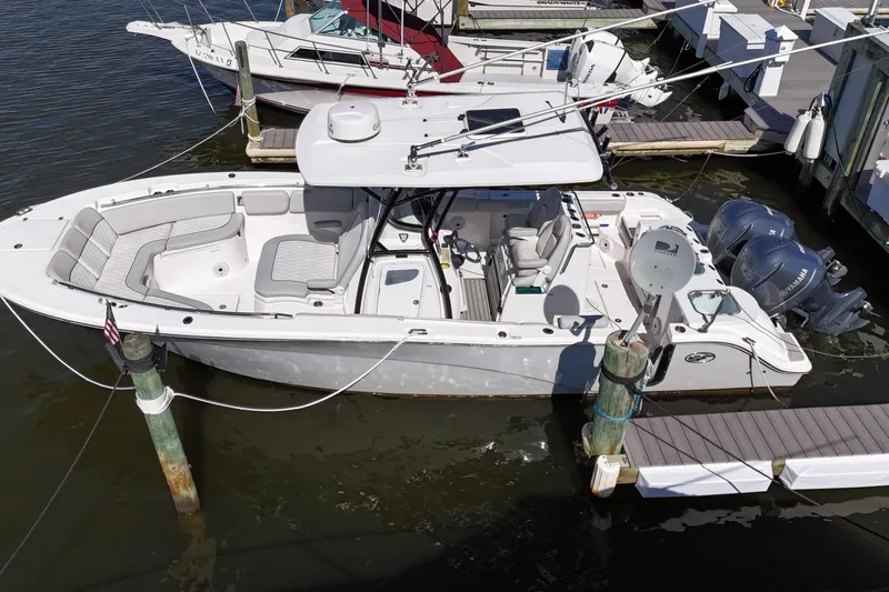  Yacht Photos Pics 2021 Sea Fox 288 Commander boat docked with twin Yamaha engines.
