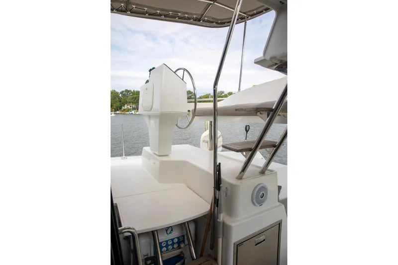 Sweet And Salty Yacht Photos Pics Helia 44 Evolution catamaran helm station, 2018 Fountaine Pajot model, with water view.