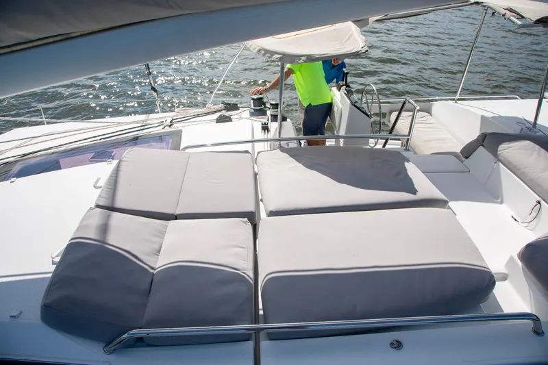 Sweet And Salty Yacht Photos Pics 2018 Fountaine Pajot Helia 44 Evolution yacht with spacious sunbathing area and helm station.