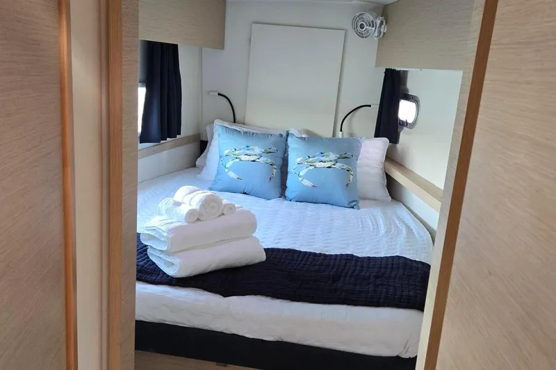 Sweet And Salty Yacht Photos Pics Cozy bedroom in 2018 Fountaine Pajot Helia 44 Evolution yacht with nautical decor.