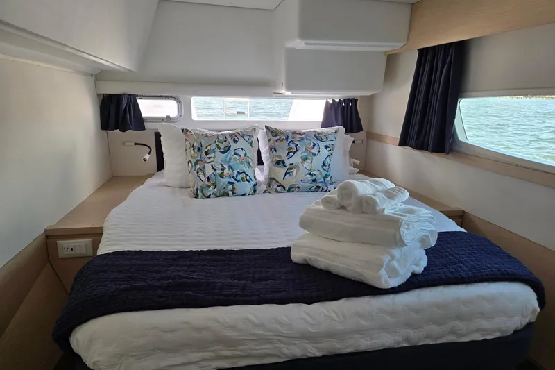 Sweet And Salty Yacht Photos Pics Luxurious cabin interior of 2018 Fountaine Pajot Helia 44 Evolution catamaran.