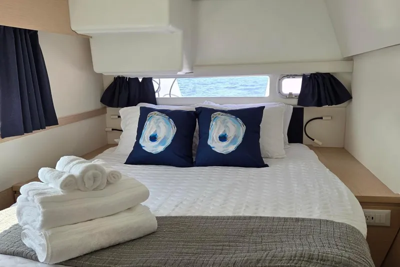 Sweet And Salty Yacht Photos Pics Luxurious cabin interior of 2018 Fountaine Pajot Helia 44 Evolution catamaran.