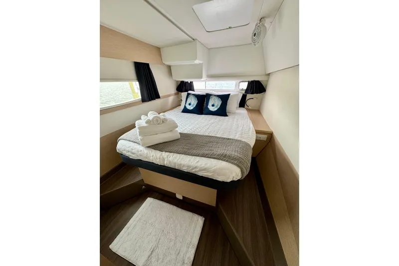 Sweet And Salty Yacht Photos Pics Luxurious cabin interior of 2018 Fountaine Pajot Helia 44 Evolution yacht.