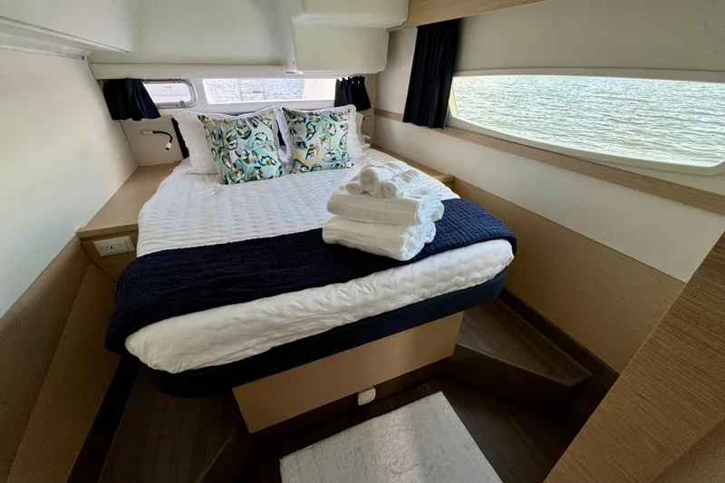 Sweet And Salty Yacht Photos Pics Luxurious cabin interior of 2018 Fountaine Pajot Helia 44 Evolution yacht.