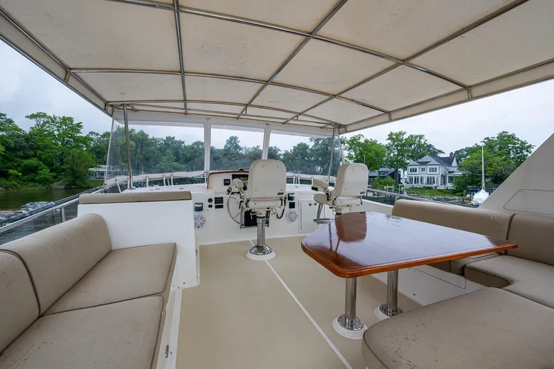 Venture Yacht Photos Pics Spacious flybridge of 2014 Grand Banks 54 Europa yacht with seating and helm station.