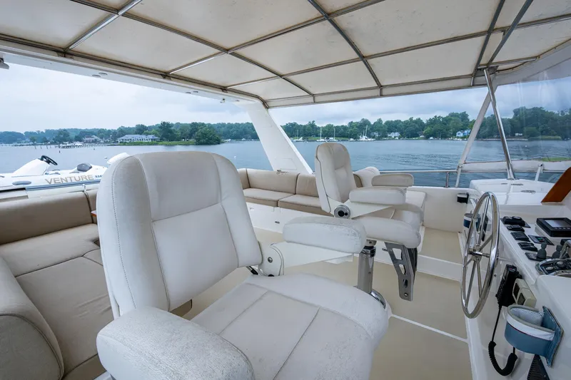 Venture Yacht Photos Pics Flybridge of 2014 Grand Banks 54 Europa yacht with seating and steering wheel.