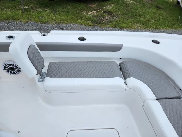 Beautiful Caymas! Yacht Photos Pics Interior view of 2024 Caymas 28 HB with gray upholstery.