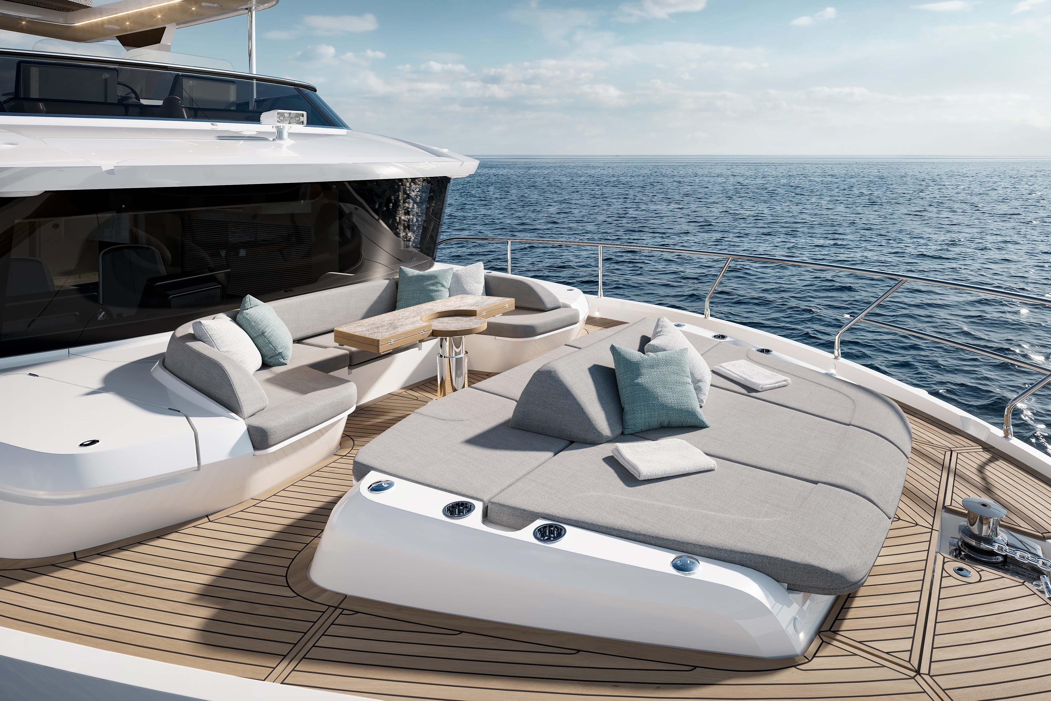 Luxurious deck of 2026 Absolute Navetta 66 yacht with ocean view.