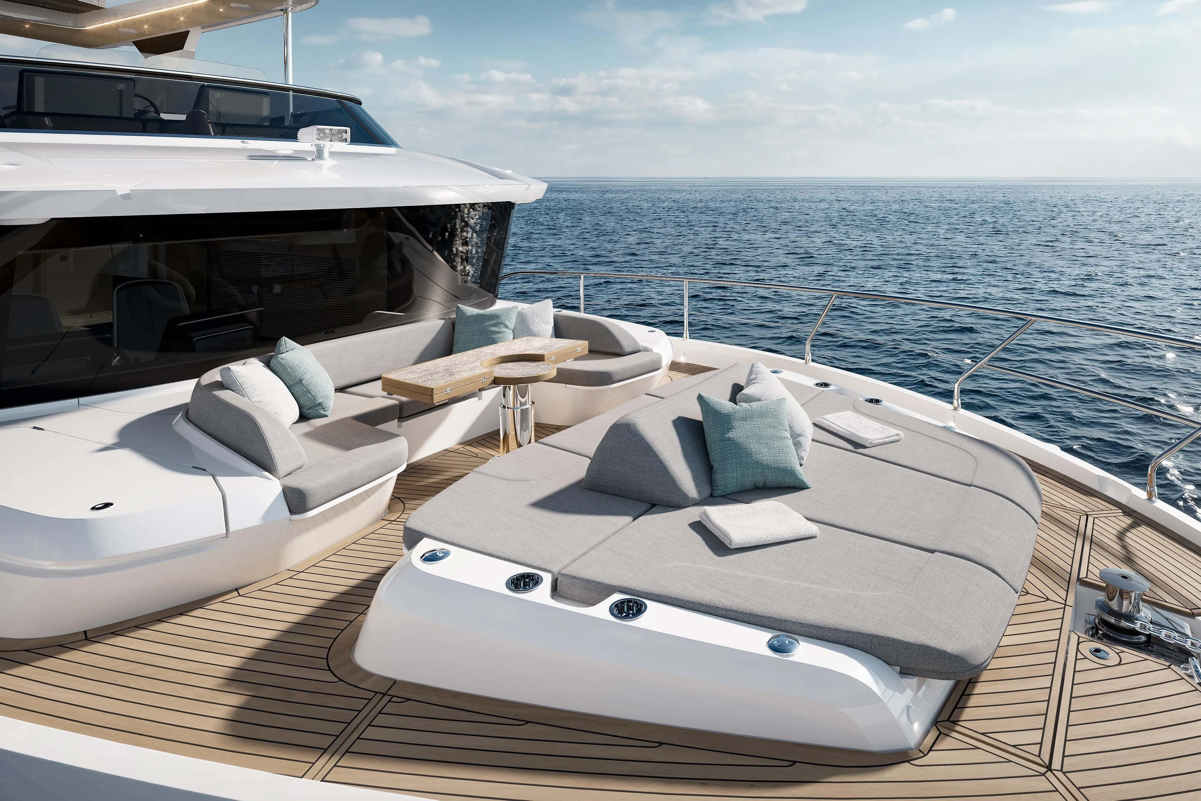 Luxurious deck of 2026 Absolute Navetta 66 yacht with ocean view.