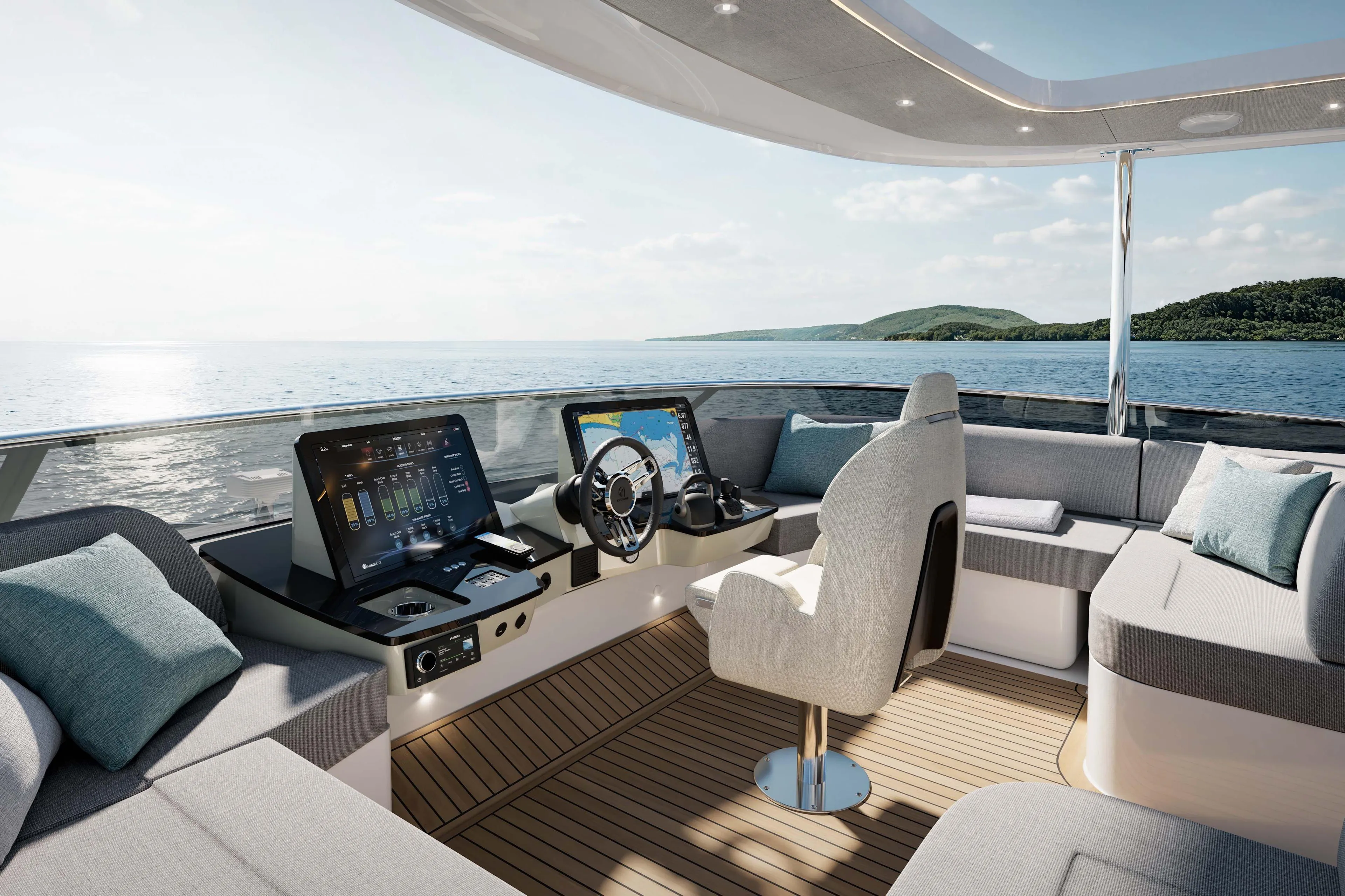 Luxurious 2026 Absolute Navetta 66 yacht cockpit with modern controls and scenic ocean view.