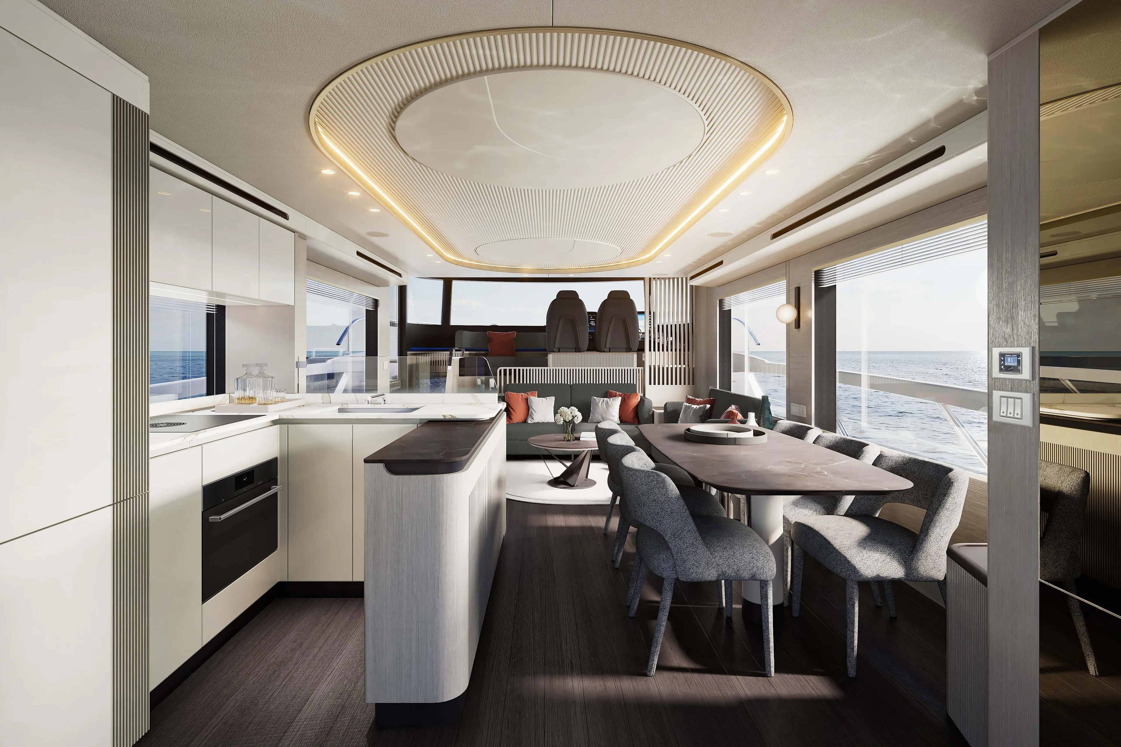 Luxurious interior of 2026 Absolute Navetta 66 yacht with modern dining and kitchen area.