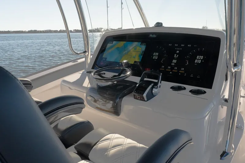  Yacht Photos Pics Helm of 2026 Mag Bay 43 CC boat with advanced navigation displays.