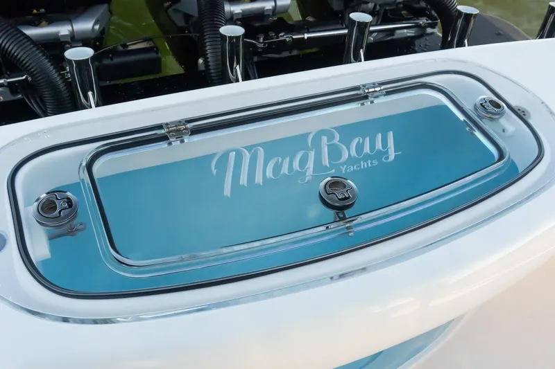  Yacht Photos Pics 2026 Mag Bay 43 CC yacht detail with logo on hatch cover.