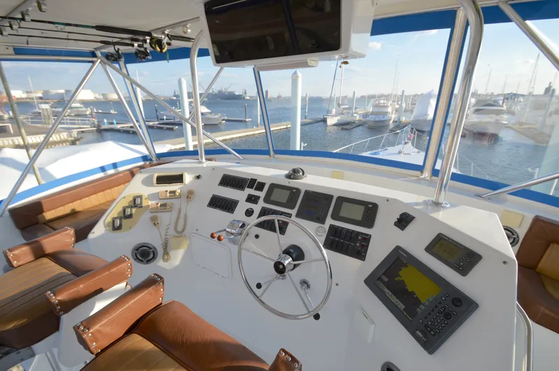 Custom Yacht Photos Pics Helm of a 2004 Chesapeake 58 yacht in the marina.