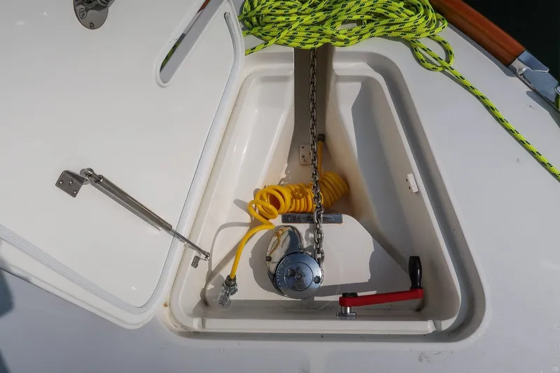 Bristol Yacht Photos Pics Anchor locker of 2015 Hinckley Picnic Boat 37 MKIII with chain and rope.