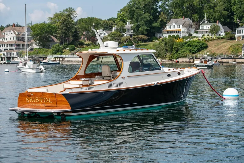 Bristol Yacht Photos Pics 2015 Hinckley Picnic Boat 37 MKIII moored in scenic harbor.