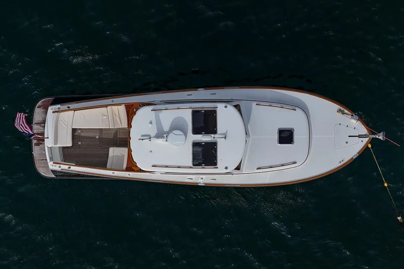 Bristol Yacht Photos Pics Aerial view of 2015 Hinckley Picnic Boat 37 MKIII on water.