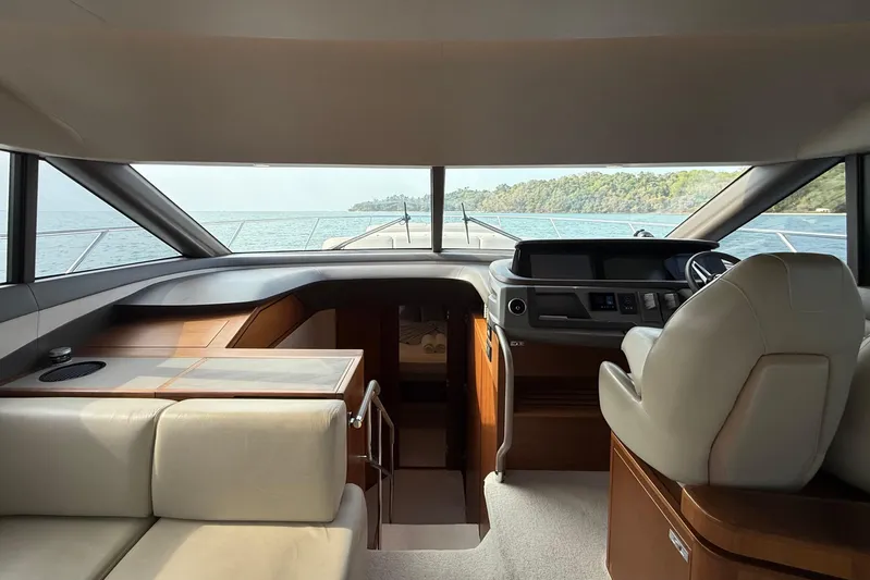 Lariel Yacht Photos Pics Interior view of 2020 Princess F55 yacht, featuring luxurious seating and navigation area.