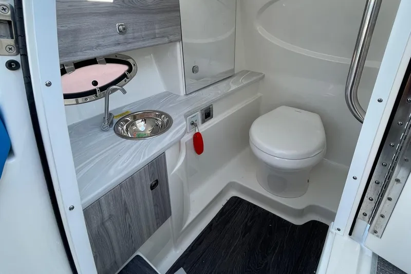  Yacht Photos Pics 2020 Formula 310 Bowrider bathroom with sink, toilet, and modern design.