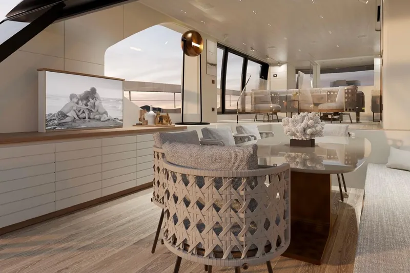  Yacht Photos Pics Luxurious interior of 2026 Sanlorenzo SP92 yacht with elegant seating and modern decor.