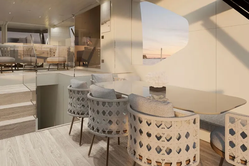 Yacht Photos Pics Luxurious interior of 2026 Sanlorenzo SP92 yacht with elegant dining area and modern decor.