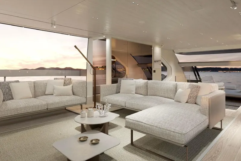  Yacht Photos Pics Luxurious interior of 2026 Sanlorenzo SP92 yacht with elegant seating and ocean view.