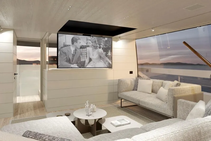  Yacht Photos Pics Luxurious Sanlorenzo SP92 yacht interior with modern decor and large screen, 2026 model.