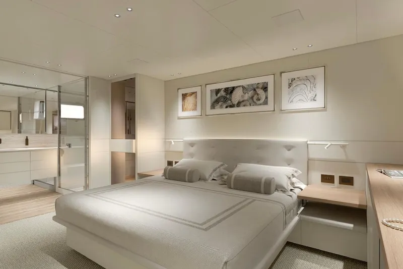  Yacht Photos Pics Luxurious bedroom interior on 2026 Sanlorenzo SP92 yacht, featuring elegant decor and modern design.