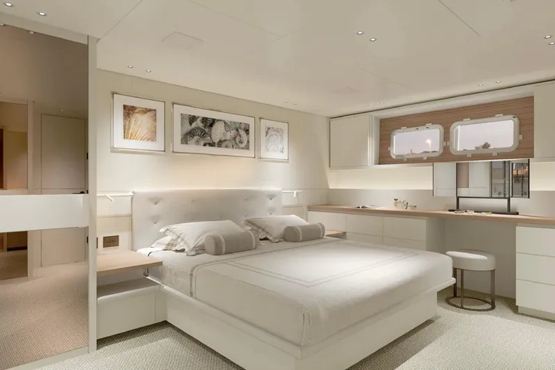  Yacht Photos Pics Luxurious Sanlorenzo SP92 2026 yacht bedroom with elegant decor and modern furnishings.