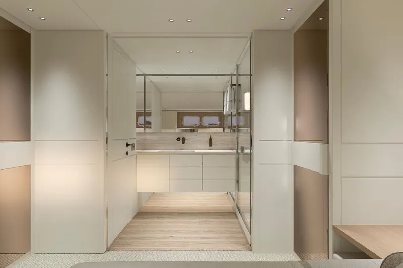  Yacht Photos Pics Luxurious interior of 2026 Sanlorenzo SP92 yacht, featuring modern design and elegant finishes.