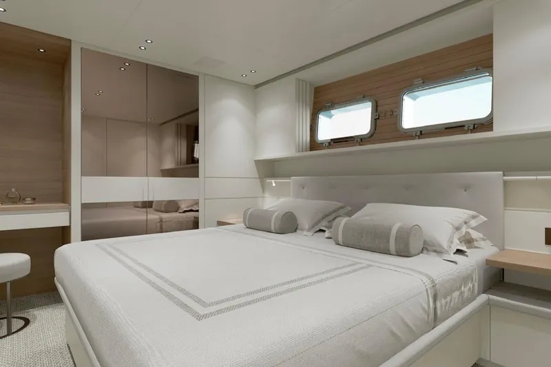  Yacht Photos Pics Luxurious Sanlorenzo SP92 2026 yacht bedroom with modern design and elegant furnishings.