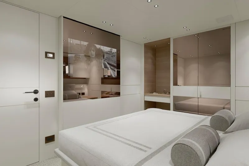  Yacht Photos Pics Luxurious Sanlorenzo SP92 2026 yacht bedroom with modern design and elegant decor.