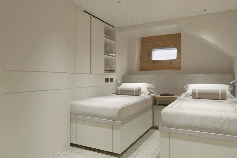  Yacht Photos Pics Luxurious twin bedroom on 2026 Sanlorenzo SP92 yacht, featuring modern design and elegant decor.