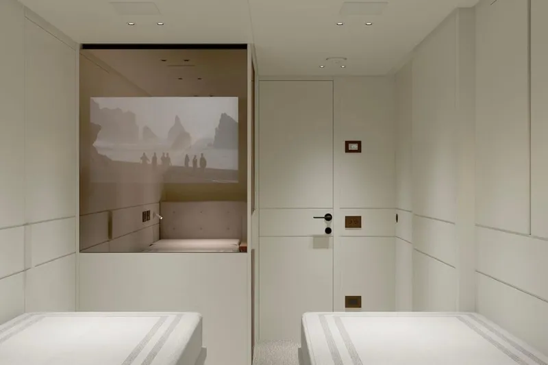  Yacht Photos Pics Luxurious interior of 2026 Sanlorenzo SP92 yacht with minimalist design and wall projection.