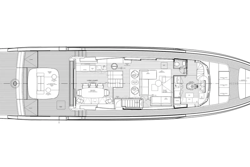  Yacht Photos Pics Deck layout of 2026 Sanlorenzo SP92 yacht, featuring lounge and dining areas.