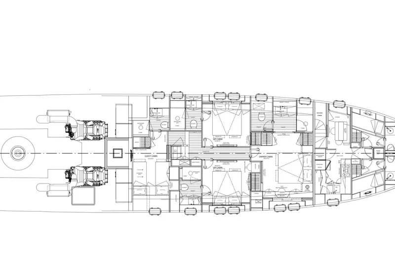  Yacht Photos Pics Floor plan of 2026 Sanlorenzo SP92 yacht, showcasing cabin and engine layout.