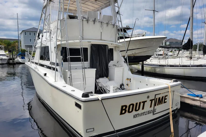 Bout Time Yacht Photos Pics 1979 Bertram 38 Convertible yacht docked at marina, North Myrtle Beach, SC.