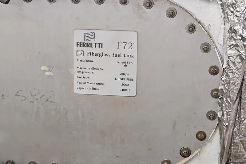  Yacht Photos Pics Ferretti Yachts 720, 2002 fiberglass fuel tank label, 2400-liter capacity, diesel fuel.