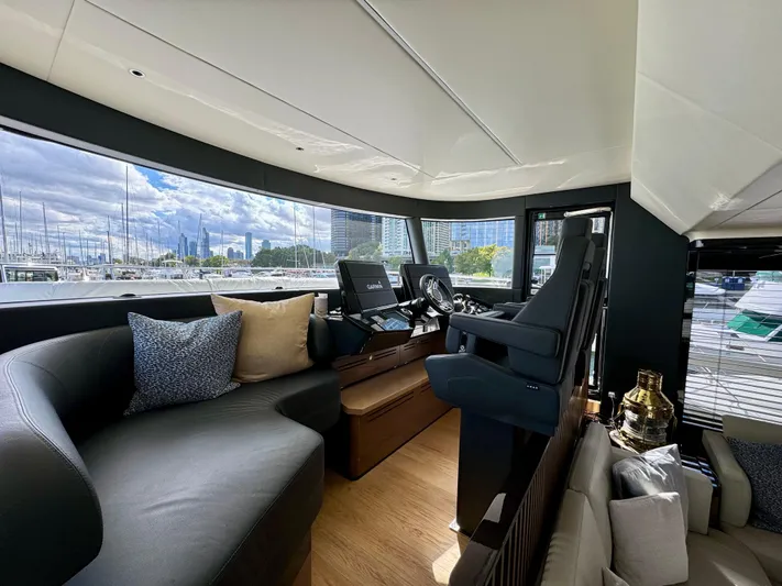 Wild Aces Yacht Photos Pics Luxurious interior of 2022 Absolute 64 Navetta yacht with modern helm and seating area.