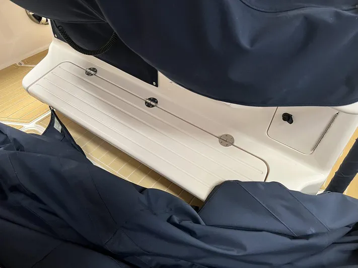  Yacht Photos Pics 2018 Grady-White Canyon 336 boat interior with covered seating and deck details.