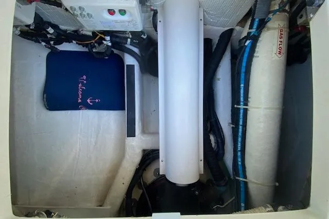  Yacht Photos Pics Engine compartment of a 2010 Sabre 38 Express boat, featuring various mechanical components.