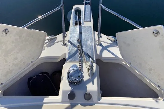 Yacht Photos Pics Bow of 2010 Sabre 40 Sedan with anchor and open storage compartments.
