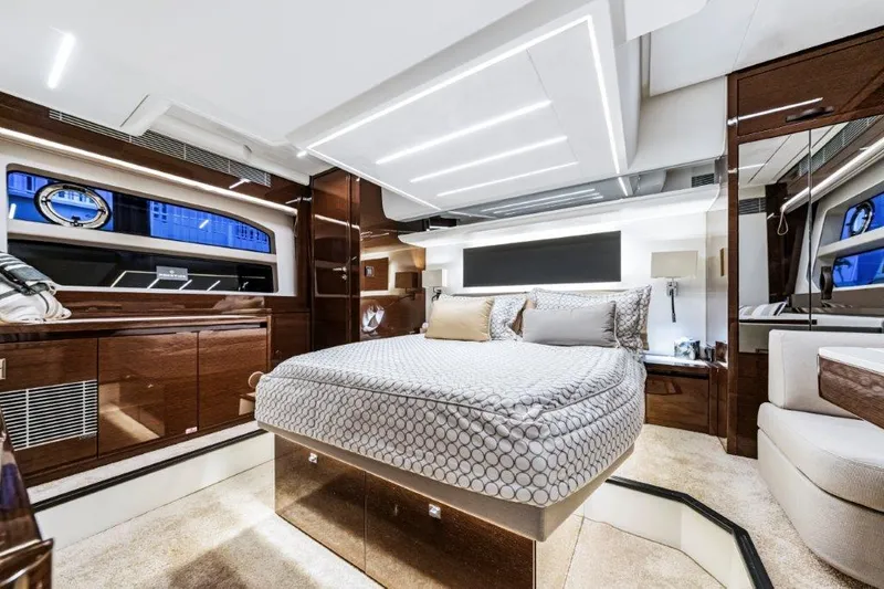 59' 2020 Prestige 590 Flybridge Yacht Photos Pics Luxurious interior of 2020 Prestige 590 flybridge yacht with elegant bedroom design.