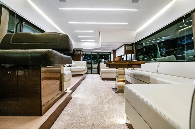 59' 2020 Prestige 590 Flybridge Yacht Photos Pics Luxurious interior of 2020 Prestige 590 flybridge yacht with elegant seating and modern design.
