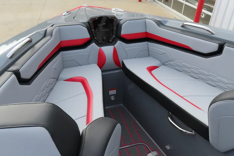  Yacht Photos Pics 2025 Sunsation 32 CCX boat interior with modern gray and red seating design.